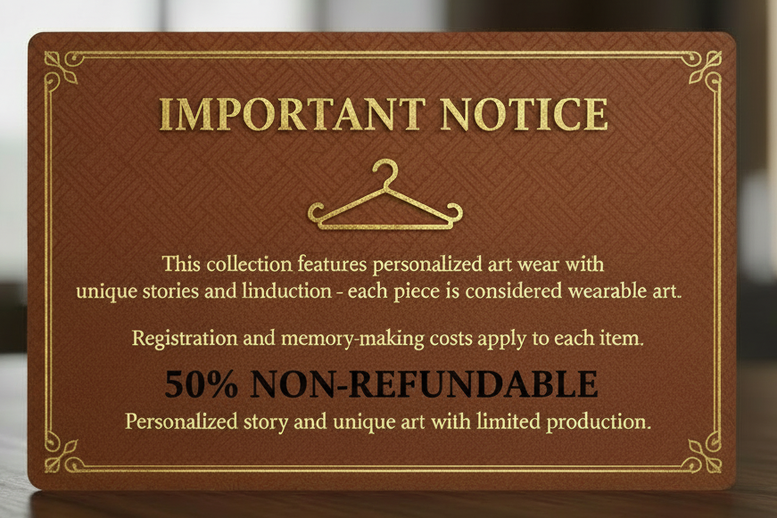 create-a-image-for-customer-about-our-terms-and-condition-to-notify-and-informed-them-this-collection-is-art-wear-and-there-is-a-cost-for-registration-and-making-memory-to-each item-and 50% is non refundable. iTitle important notice , also mention it ts personalized story and unique art with limited production and considered as art .make the them brownish with red and gold and cloth symbol very unique and lux , the corner of the box simple and 50 % non refoundable  front font black and very larger
