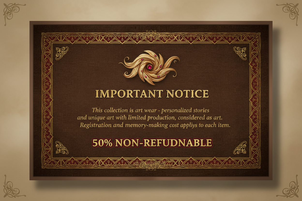 create-a-image-for-customer-about-our-terms-and-condition-to-notify-and-informed-them-this-collection-is-art-wear-and-there-is-a-cost-for-registration-and-making-memory-to-each item-and 50% is non refundable. iTitle important notice , also mention it ts personalized story and unique art with limited production and considered as art .make the them brownish with red and gold and cloth symbol very unique and lux , the corner of the box simple and 50 % non refoundable - background same as schema 2
