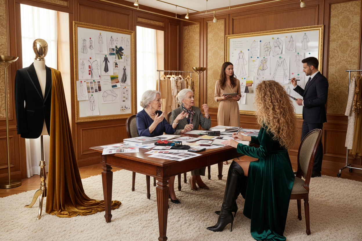 the last picture I kept , luxury room where there is a mannequin in the corner that onle have black velvet suit and two velvet fabric yellow and brown on that , a white board where there is drawing and table  with papers and drowing and small fabrics , two old lady different close seeting around the table , a young curly blond and bezhhair girl , the length of her hair until her lower back with nice elegant high hill boot till her knee and back to the photo another standing , a man beside whiteboard